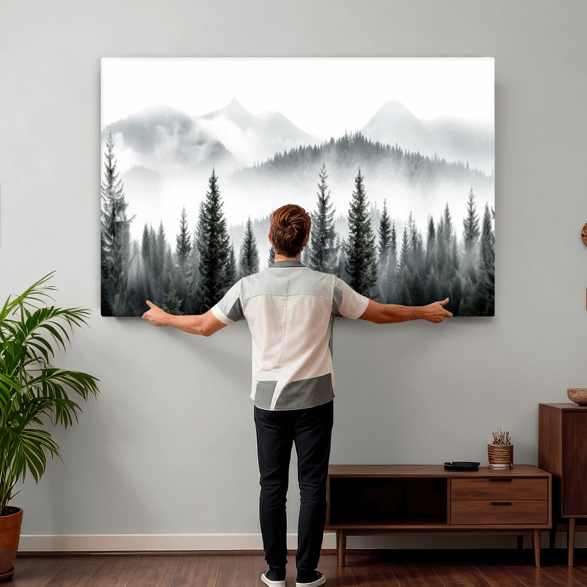 Misty Pine Forest Mountain Landscape Wall Art Canvas Print