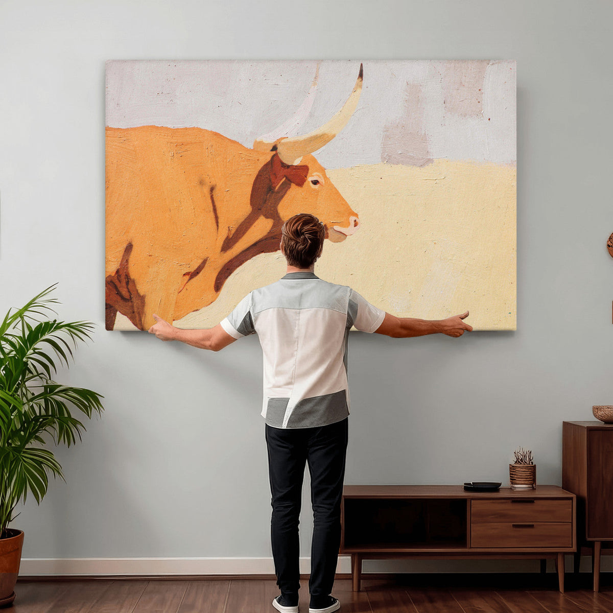 Minimal Longhorn Bull Wall Art Canvas Print, Neutral Western