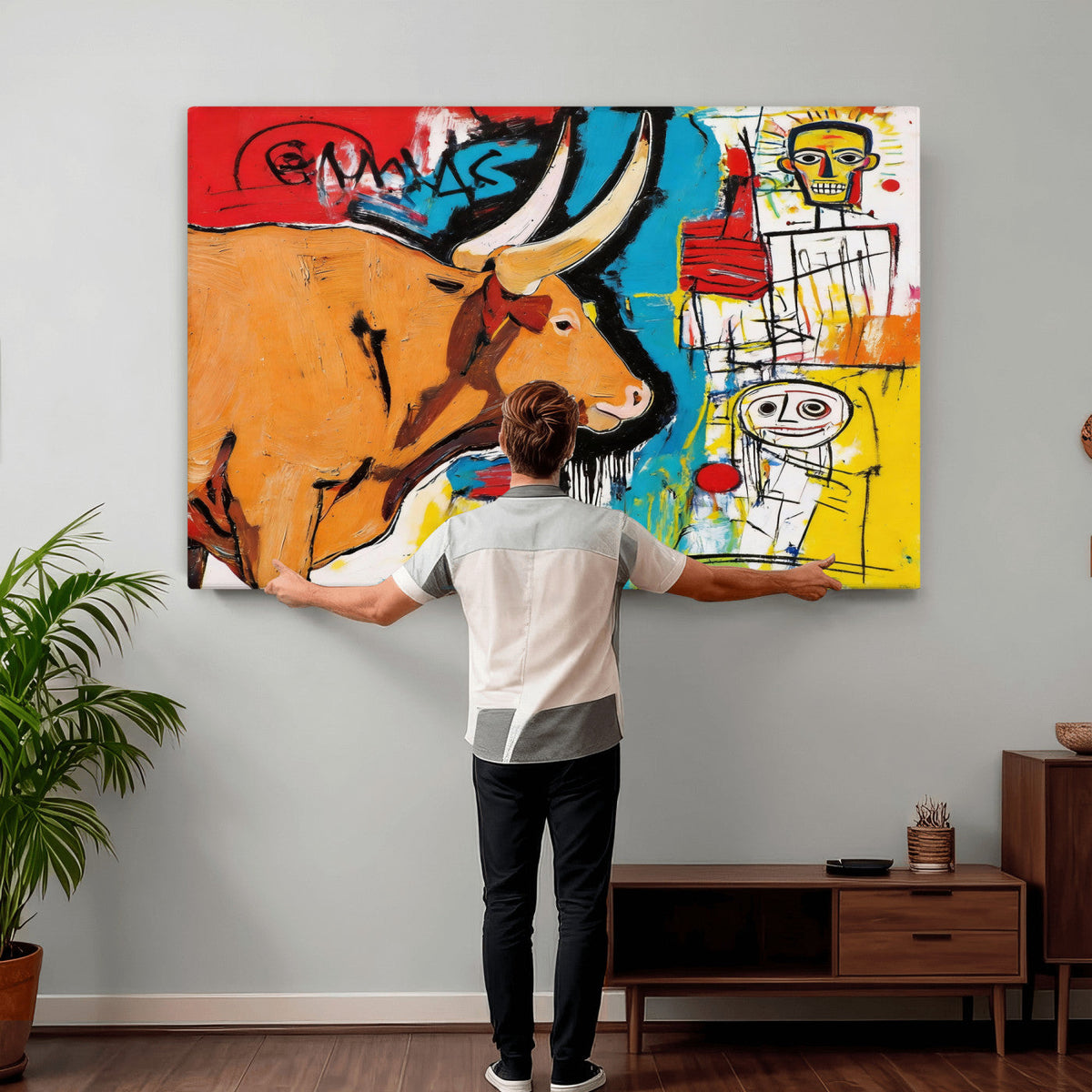 Basquiat Style Bull Graffiti Wall Art Canvas Print, Street