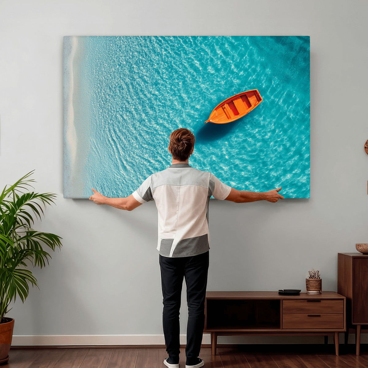 Minimalist Boat Wall Art Canvas Print, Aerial Sea Landscape