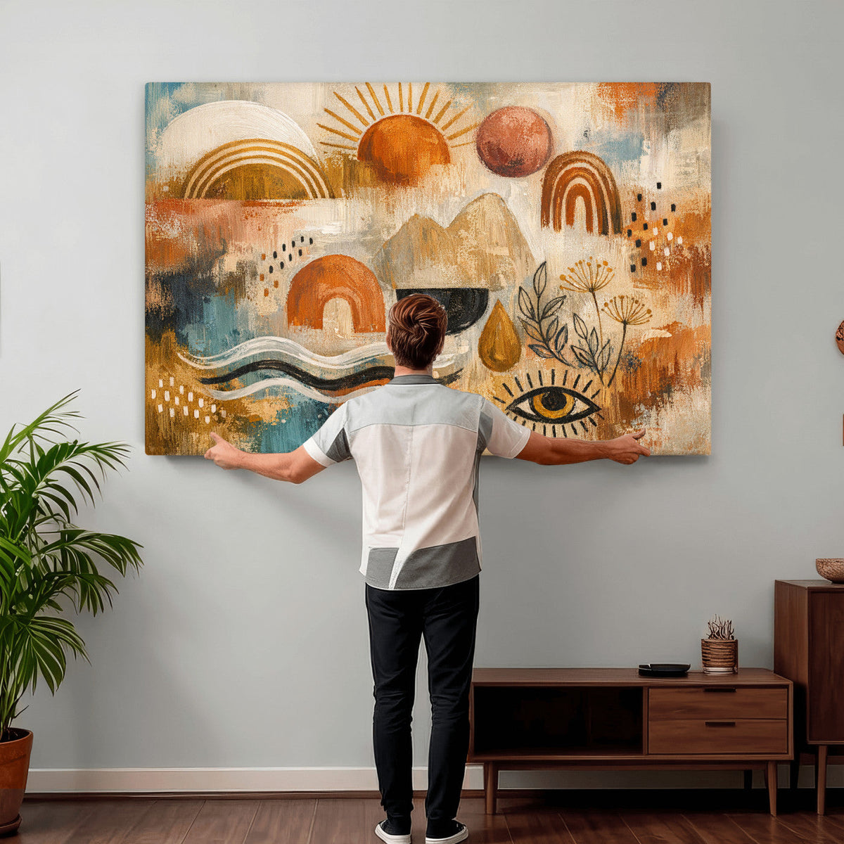 Geometric Boho Abstract Wall Art Canvas Print, Orange Blue