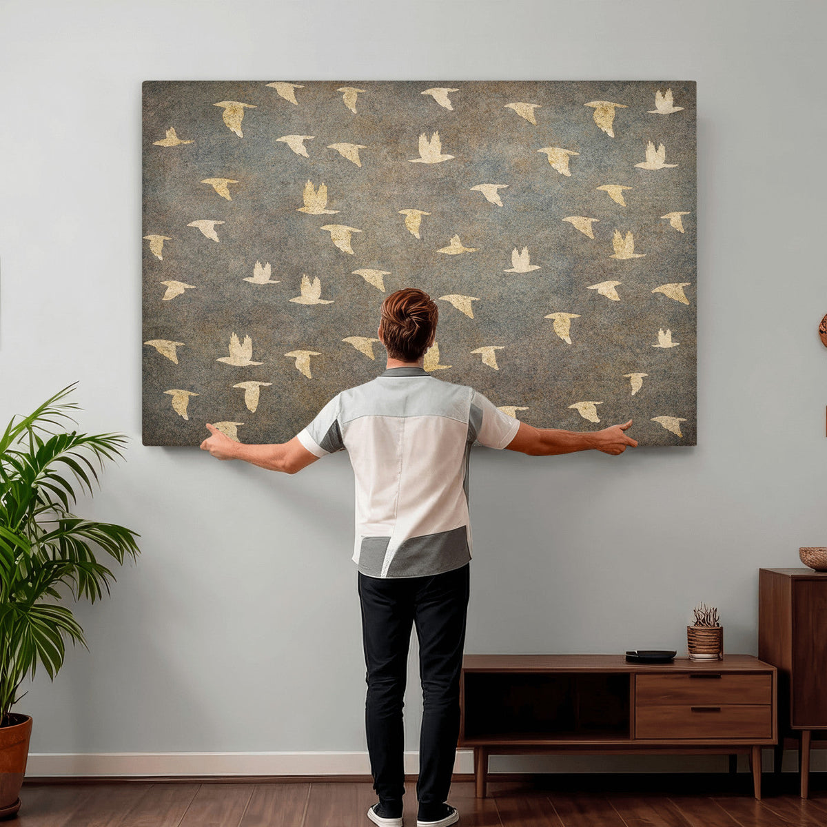 Flying Birds Canvas Wall Art, Vintage Bird Flock Pattern