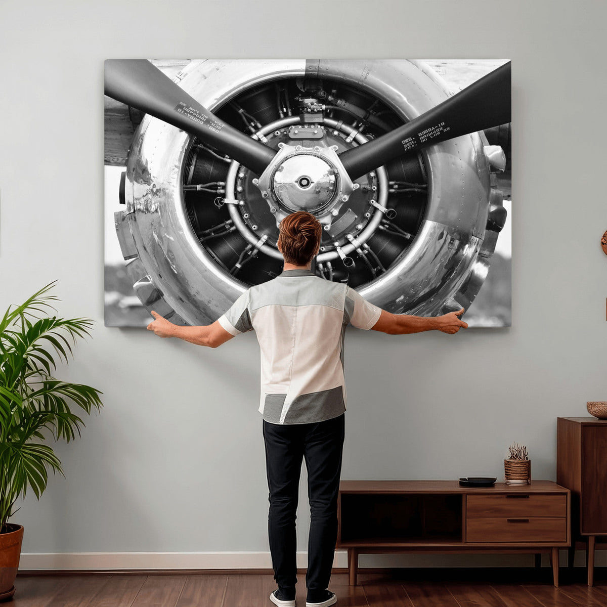 Vintage Propeller Plane Wall Art Canvas Print, Black and