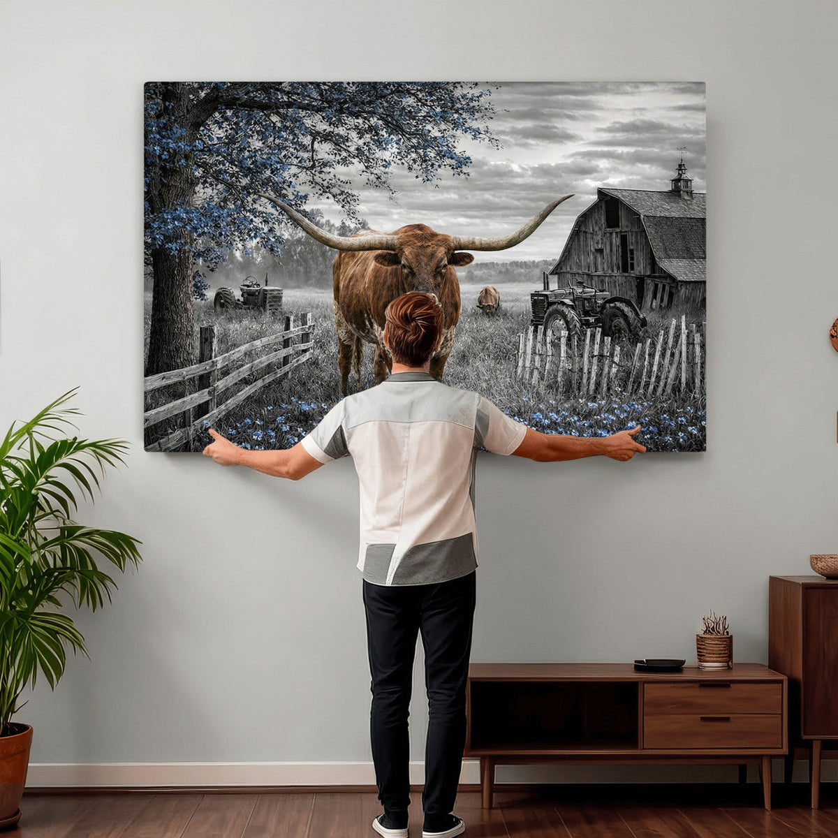 Texas Longhorn Canvas Wall Art, Rustic Farm Barn Bluebonnet