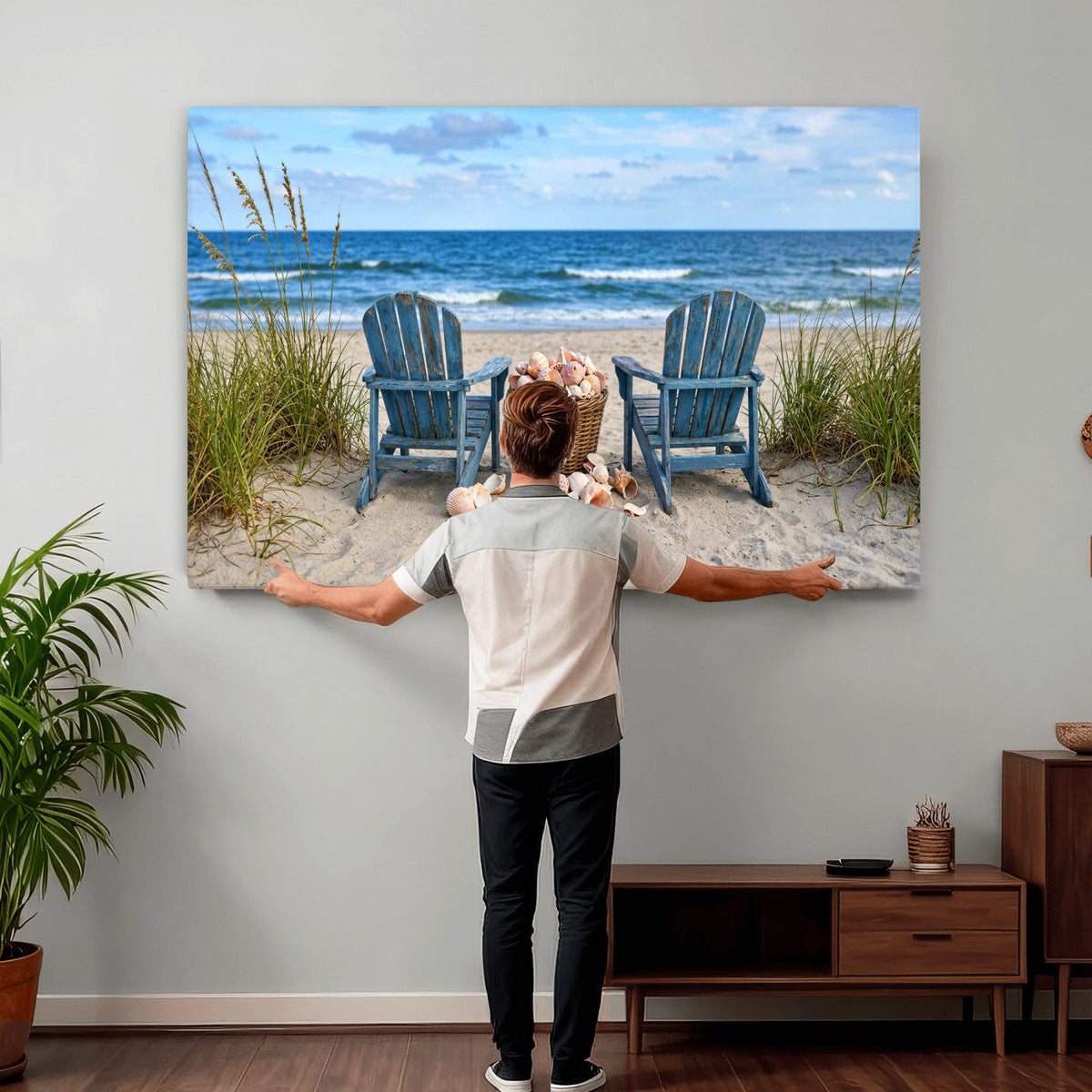 Large Beach Canvas Wall Art Coastal Adirondack Chairs Ocean