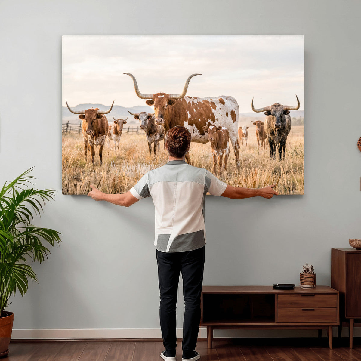 Texas Longhorn Canvas Wall Art, Rustic Farm Animal Photography Print, Farmhouse Country Decor, Western Ranch Art