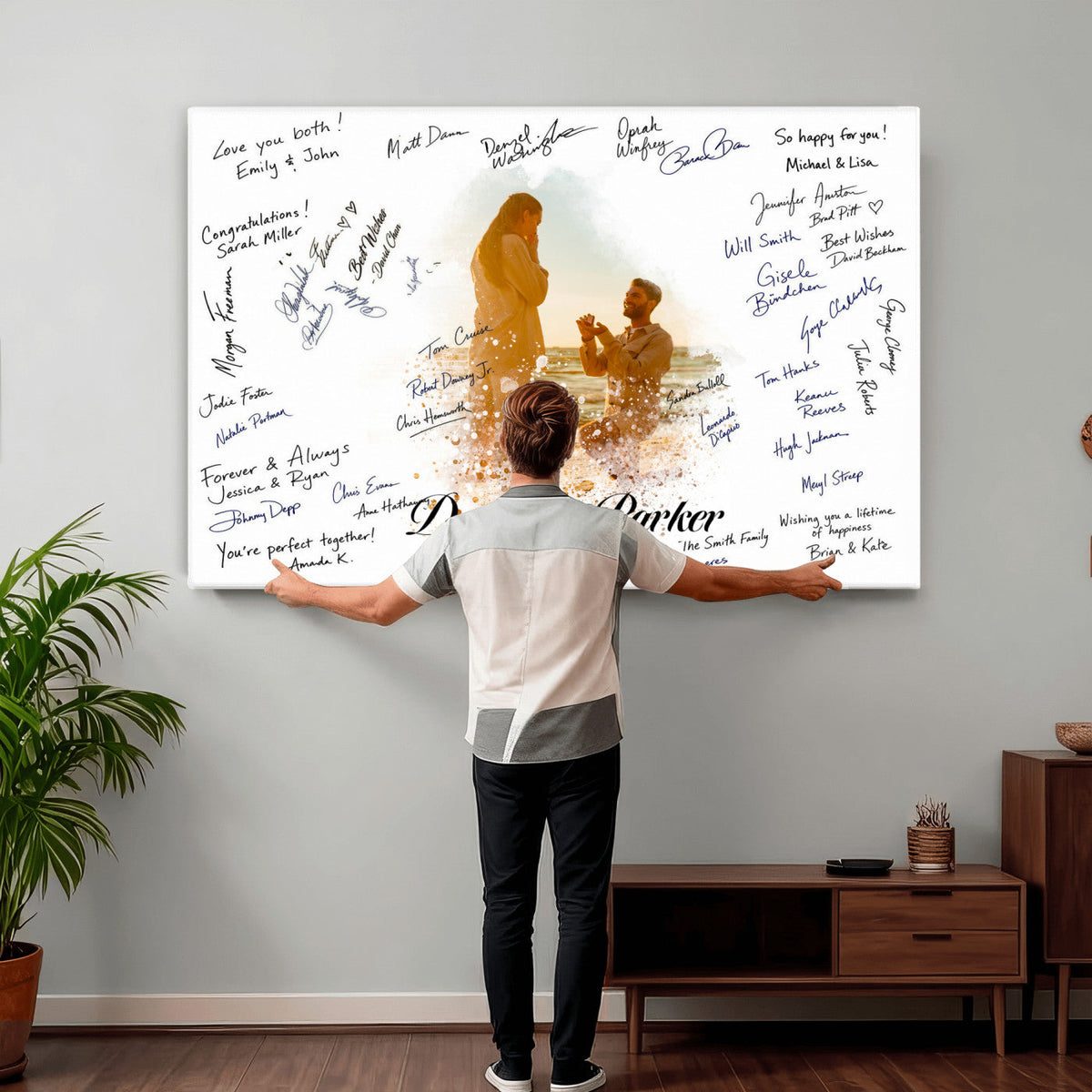 Wedding Guest Book Alternative Wall Art Canvas Print, Personalized Wedding Signature Poster, Custom Couple Photo Guestbook Canvas, Bridal Shower Reception Decor