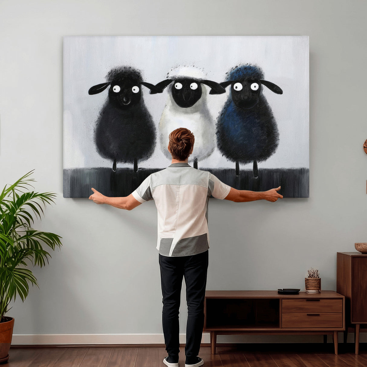 Funny Sheep Canvas Wall Art, Three Quirky Sheep Painting Print, Cute Animal Nursery Decor, Black White Navy Farmhouse Art, Kids Room Gift