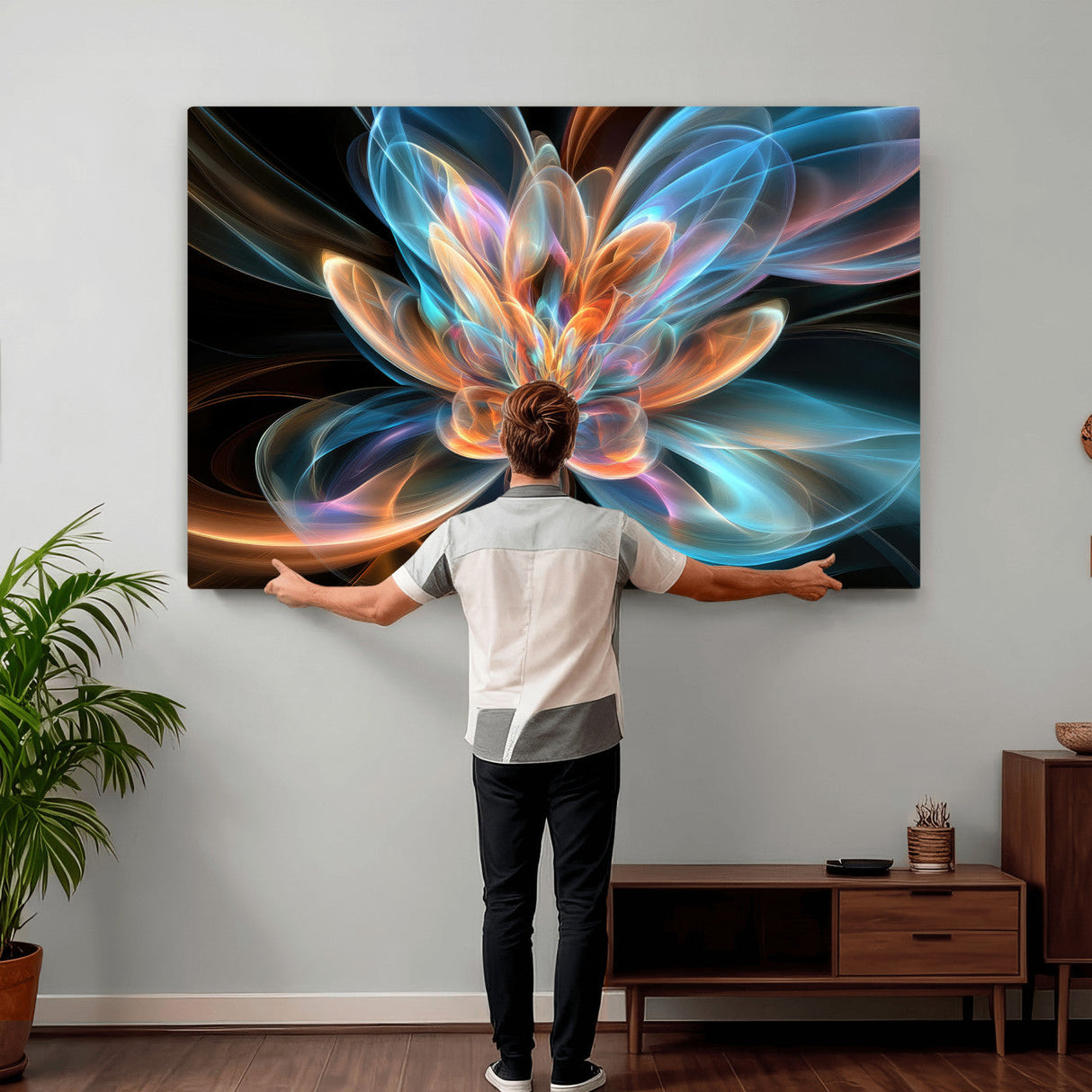 Fractal Lotus Canvas Wall Art, Blue Orange Glowing Flower Abstract Print, Modern Zen Meditation Room Decor, Ethereal Digital Art, Living Room