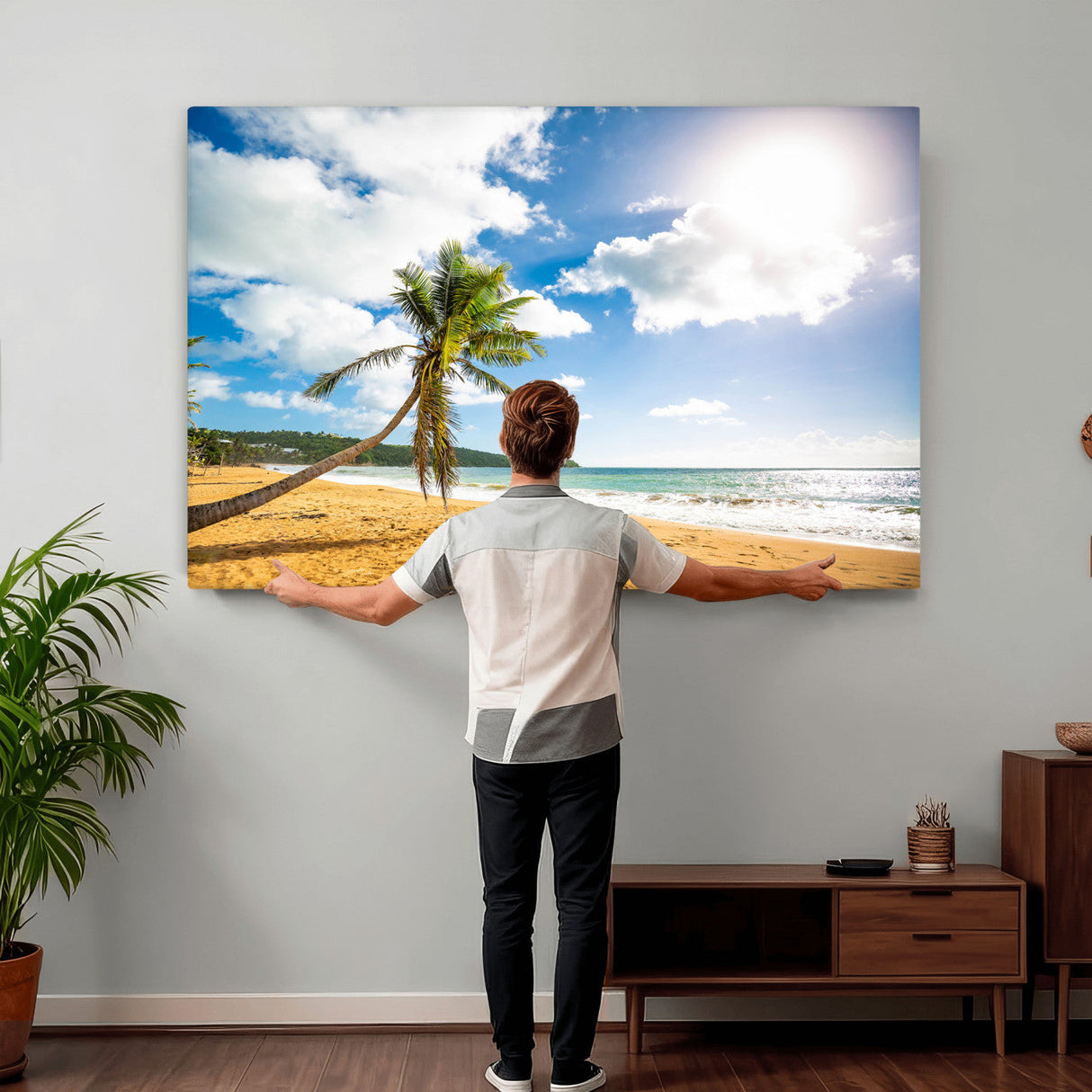 Tropical Beach Canvas Wall Art, Palm Tree Ocean Photo Print, Coastal Living Room Decor, Turquoise Sea Beach House Art, Summer Wall Art