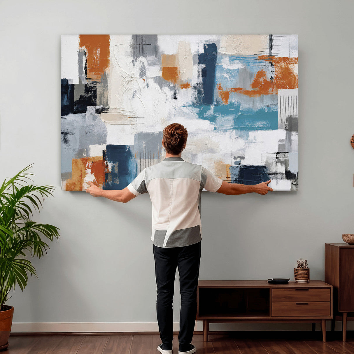 Blue Teal Abstract Canvas Wall Art, Modern Textured Painting Print, Navy Orange White Contemporary Art, Neutral Living Room Decor, Office Art