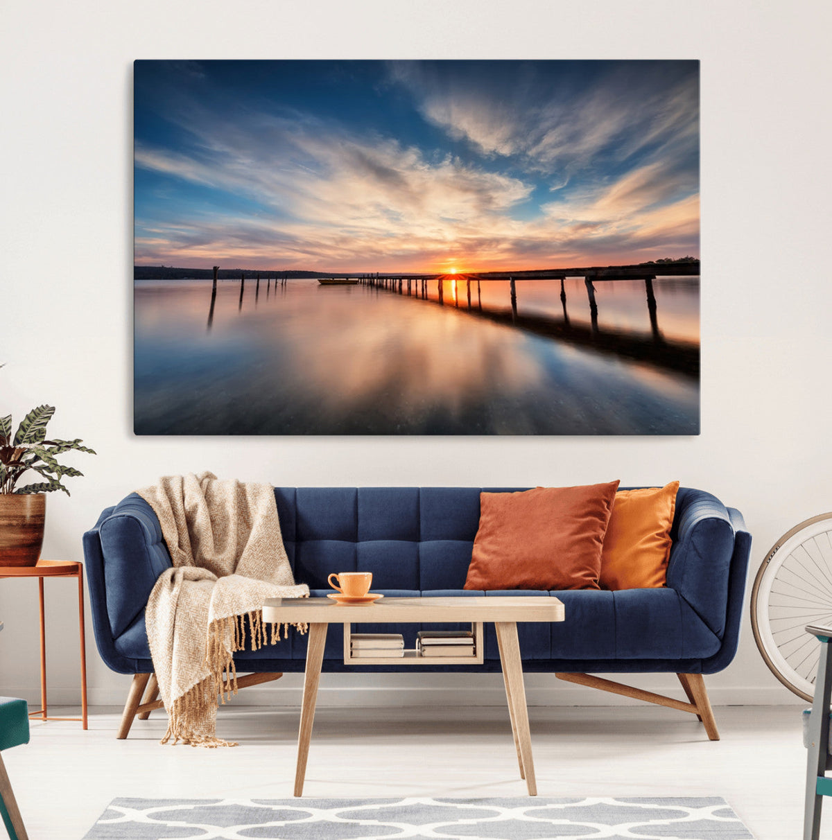 Wooden Pier on Seascape and Sunset Wall Art Canvas Print