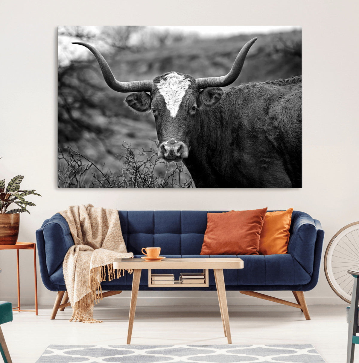 Western Home Wall Art Canvas Print, Framed Texas Longhorn