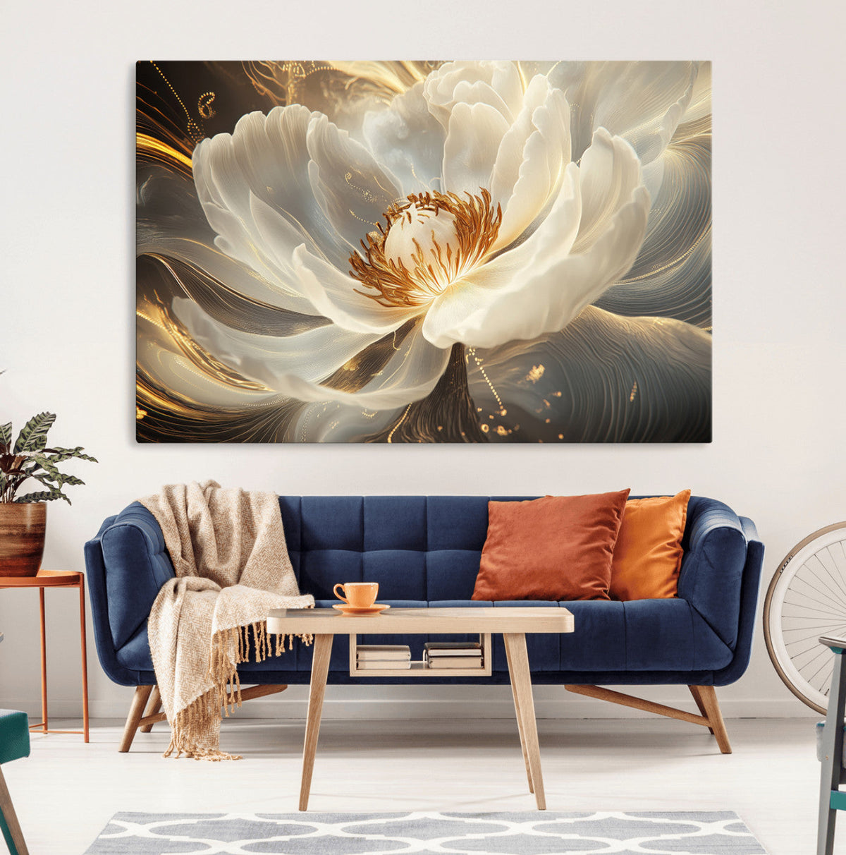 Gold Floral Wall Art Canvas Print, Framed Modern Flower Art