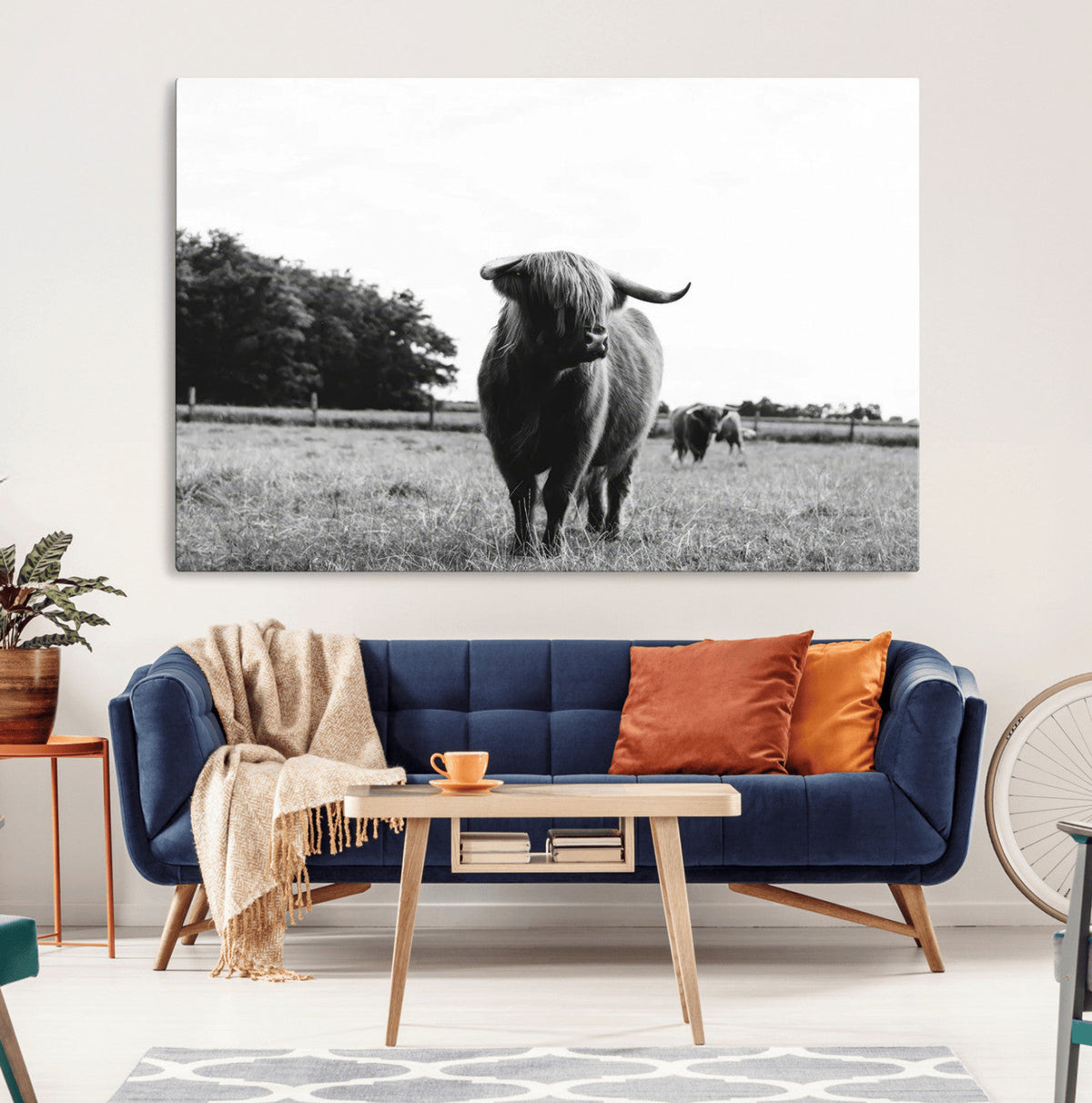 Black and White Highland Cow Wall Art Canvas Print | Rustic
