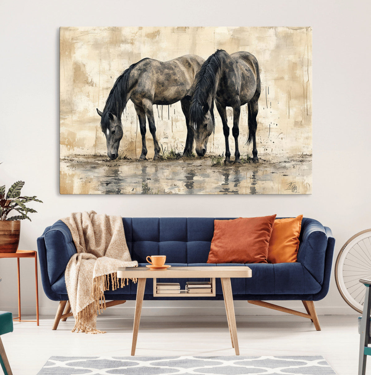 Chinese Style Abstract Black Horses Wall Art Canvas Print -