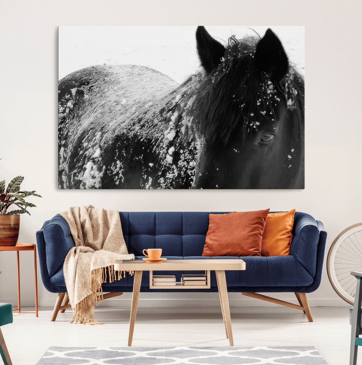 Black Horse in Snow Canvas Print | Winter Horse Wall Art |
