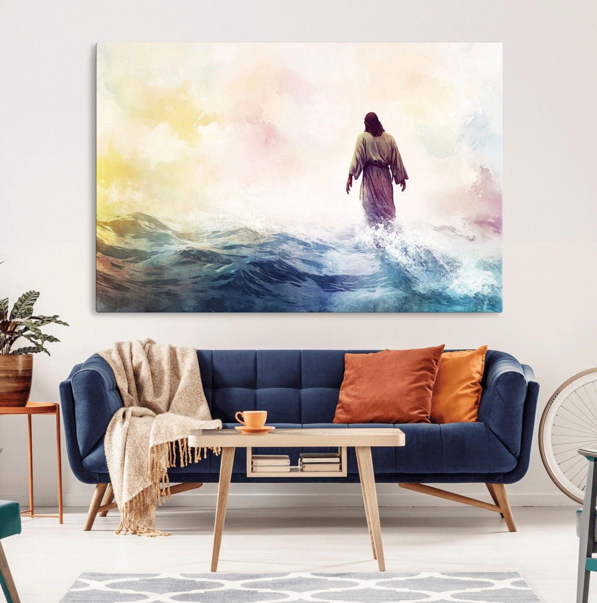 Watercolor Jesus Walking on Water Canvas Print, Christian