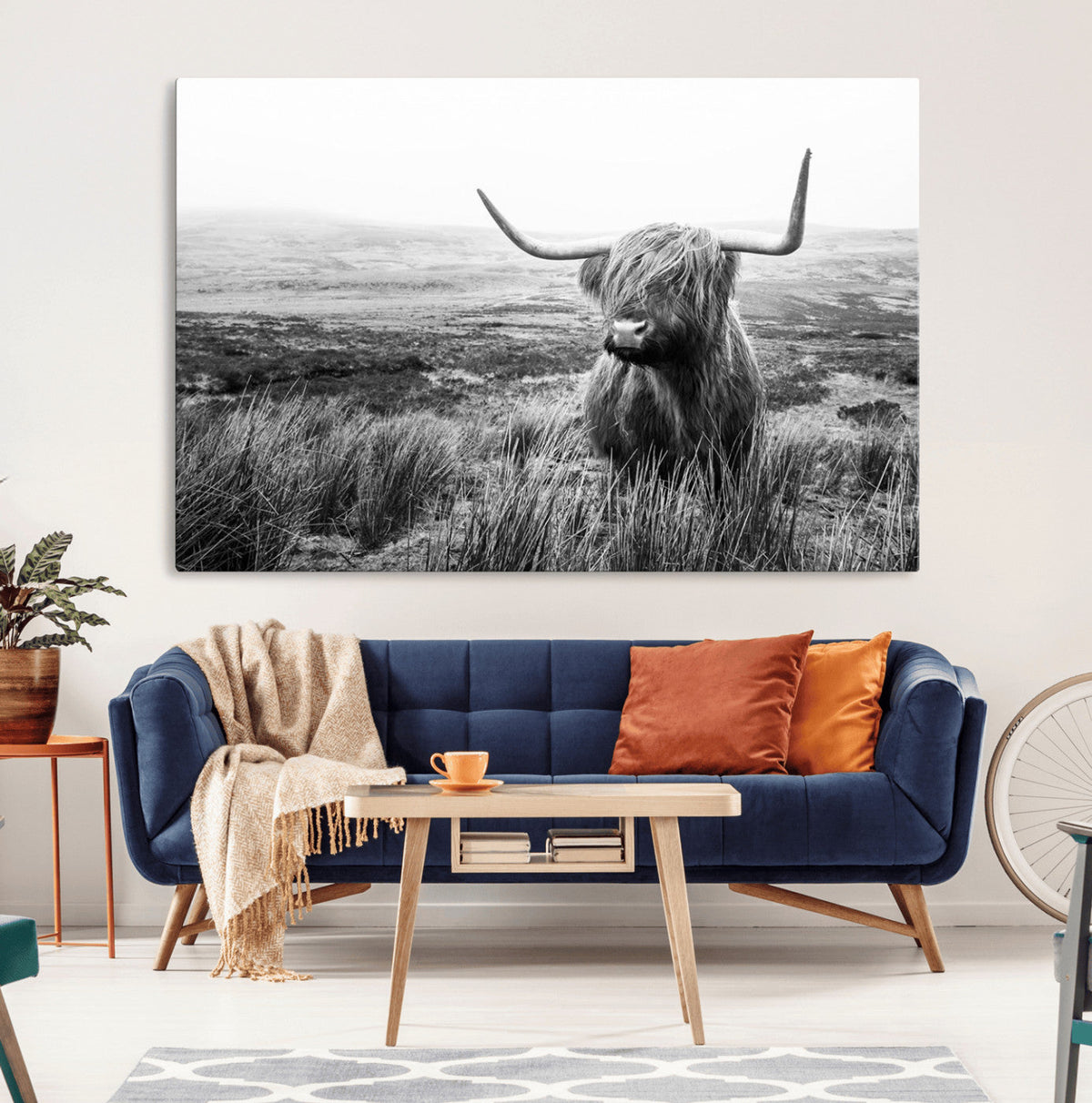 Scottish Highland Cow Wall Art | Black and White Canvas