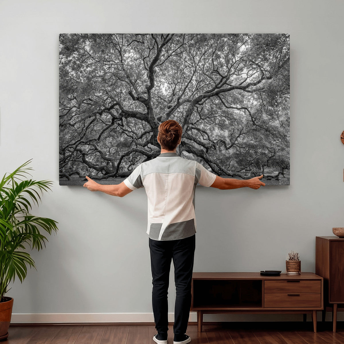 Majestic Angel Oak Tree Black and White Canvas Print – Multi