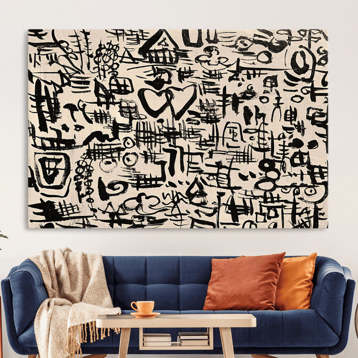 Abstract Love and Chaos Canvas Print, Black Symbols on Beige