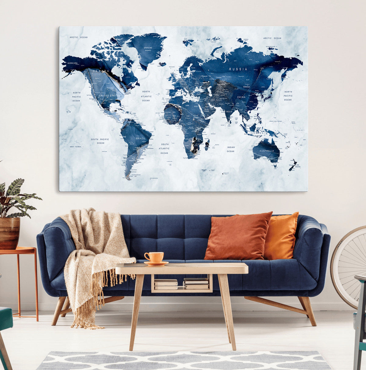 Modern Blue World Map Canvas Print – Framed Wall Art,