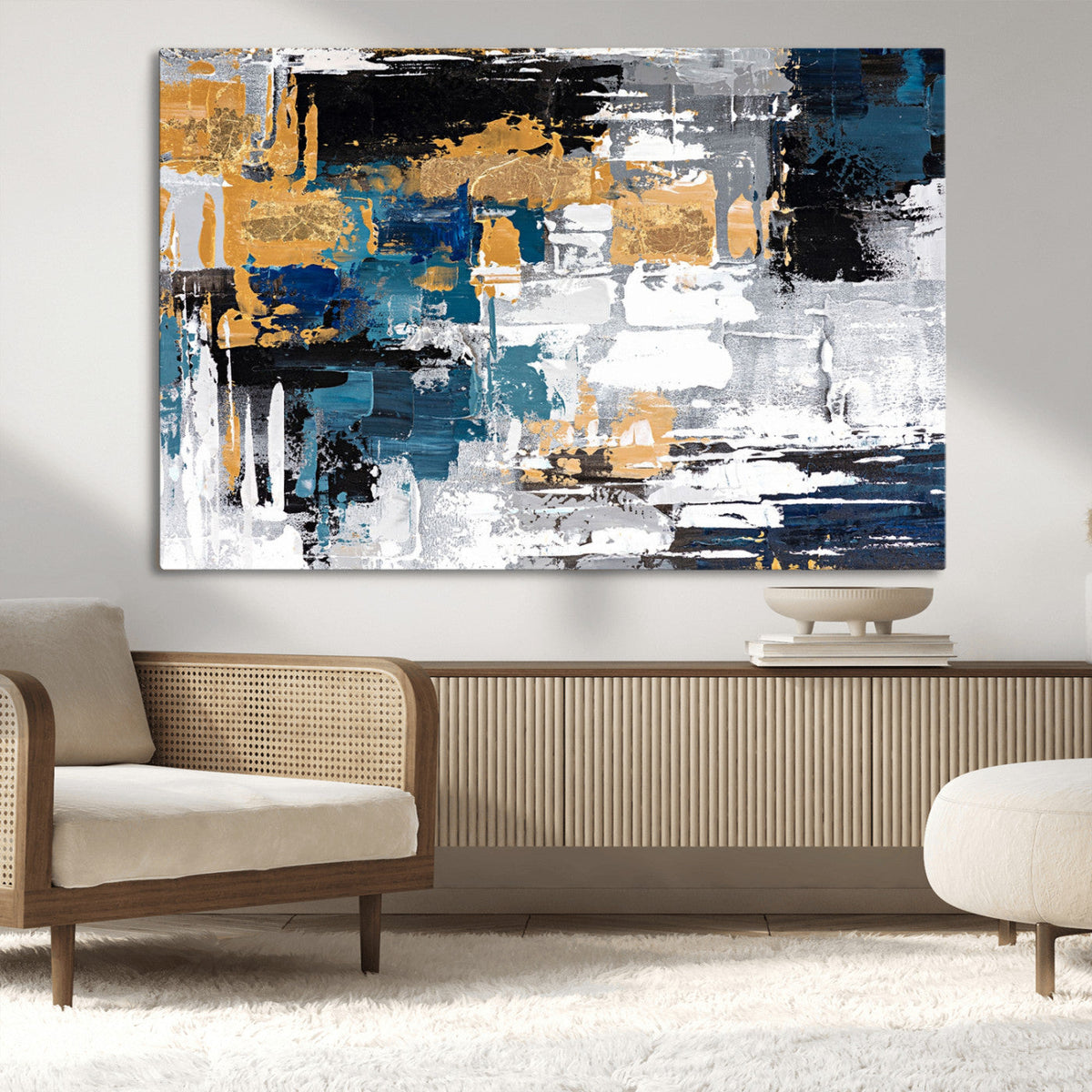 Blue and Gold Abstract Canvas Wall Art – Triptych Modern