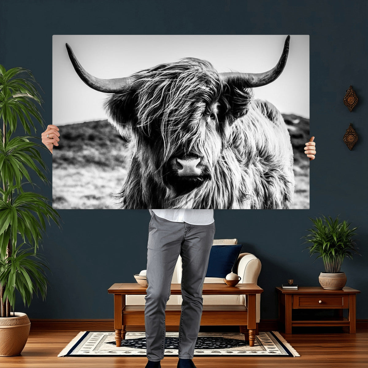 Black and White Scottish Cow Canvas Wall Art Highland Cattle