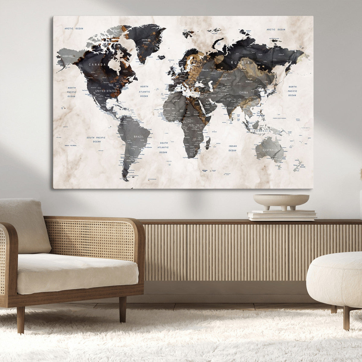 Abstract Map Printing - Modern World Map Canvas Wall Art for
