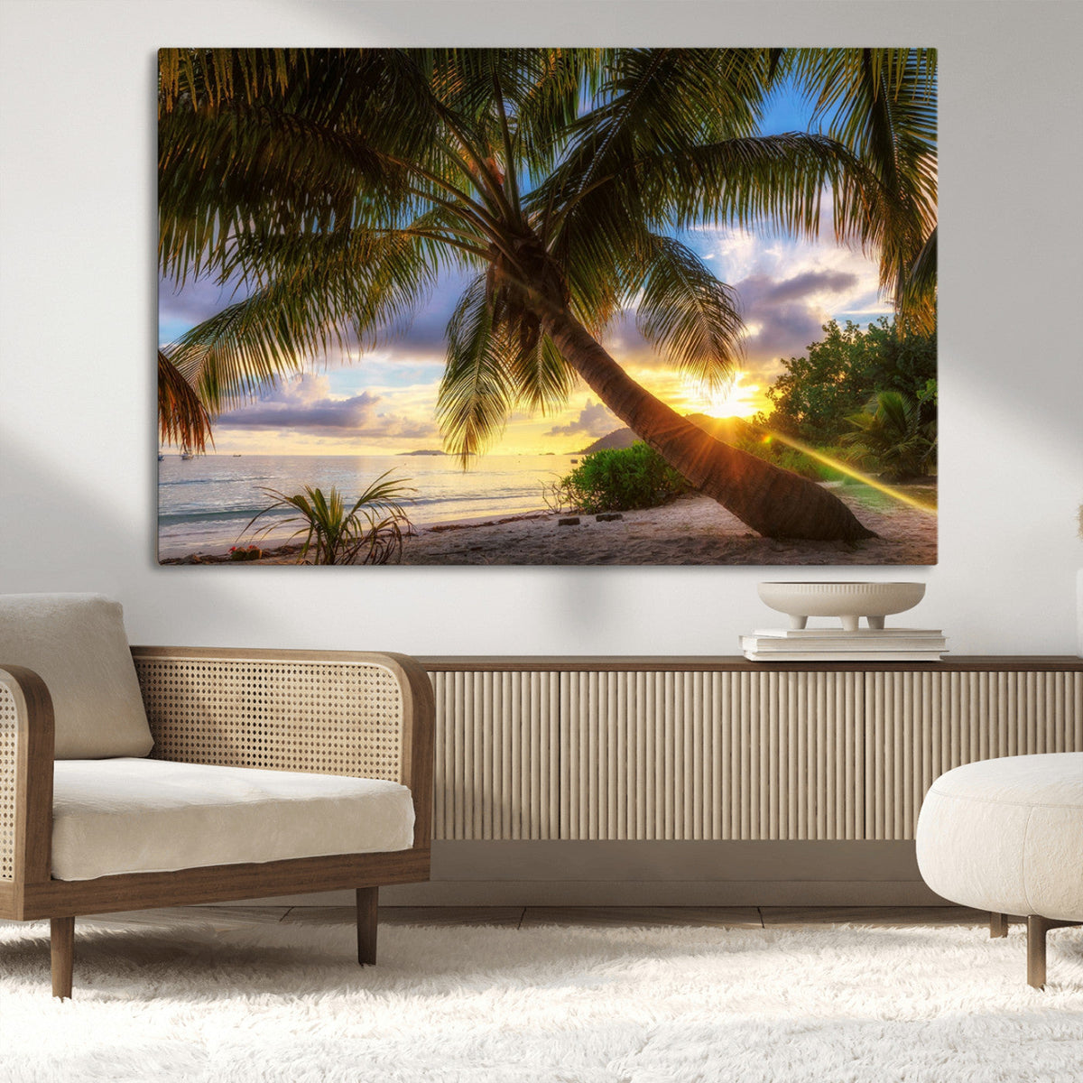 Tropical Island Sunset on the Beach Palms Wall Art Canvas