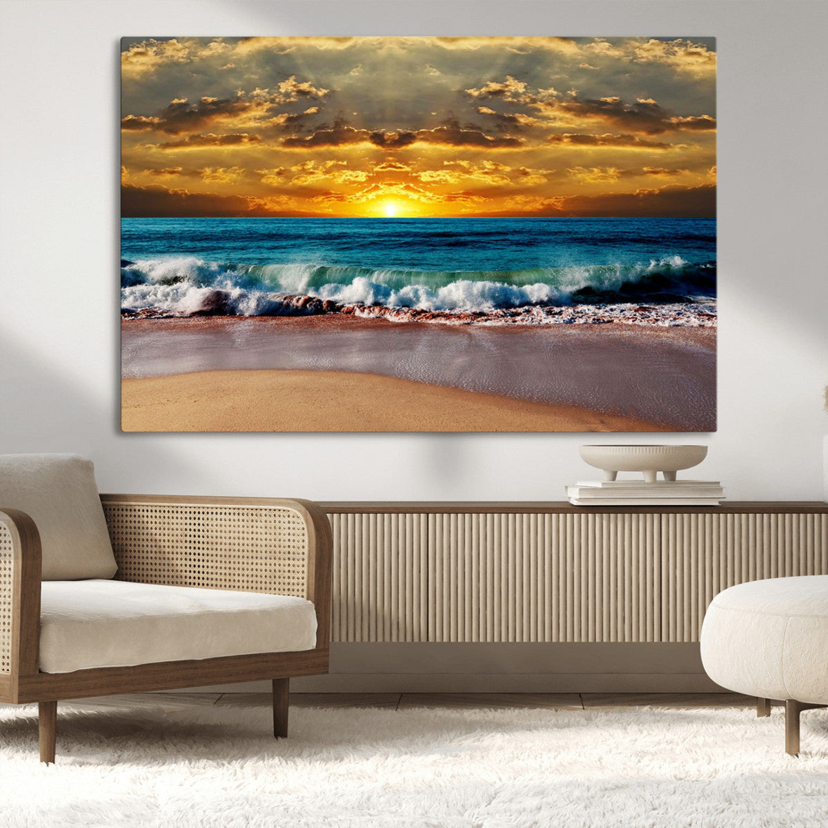 Ocean Sunrise Over Golden Beach Waves, Giclee Canvas Wall