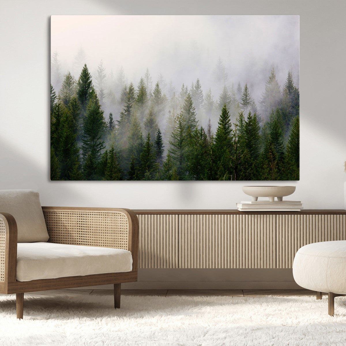 Misty Pine Forest Wall Art Canvas Print | 3 Panel Green