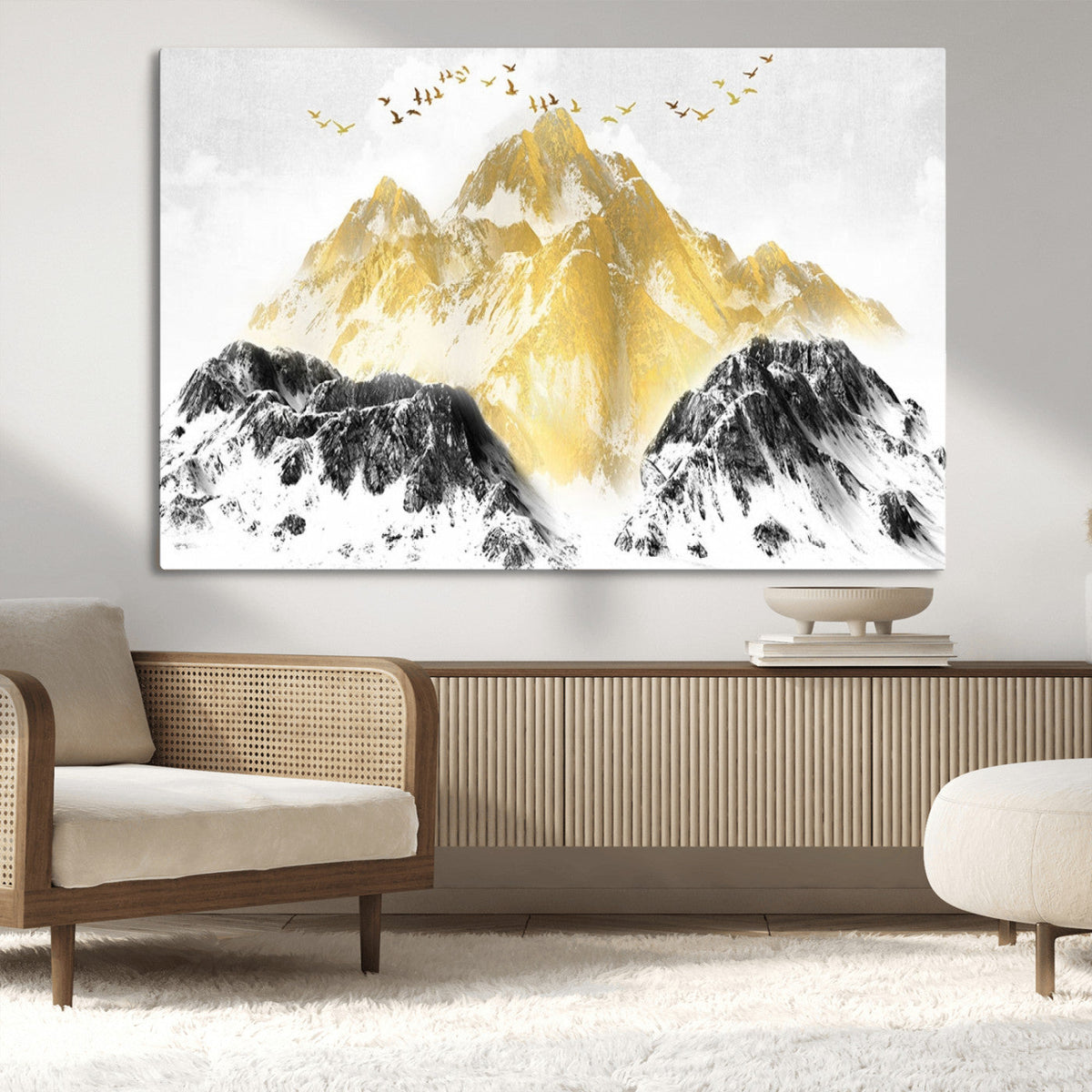 Golden Mountain Triptych Wall Art Canvas Print, Modern