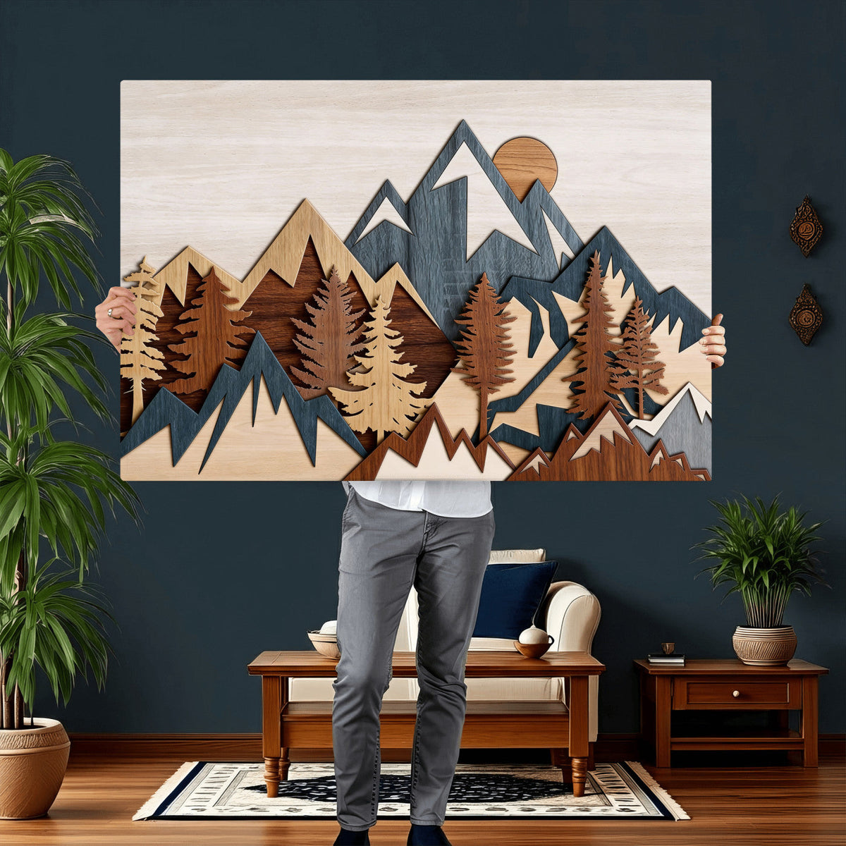Rustic Abstract Wood Panel Effect Canvas Mountain Range Top