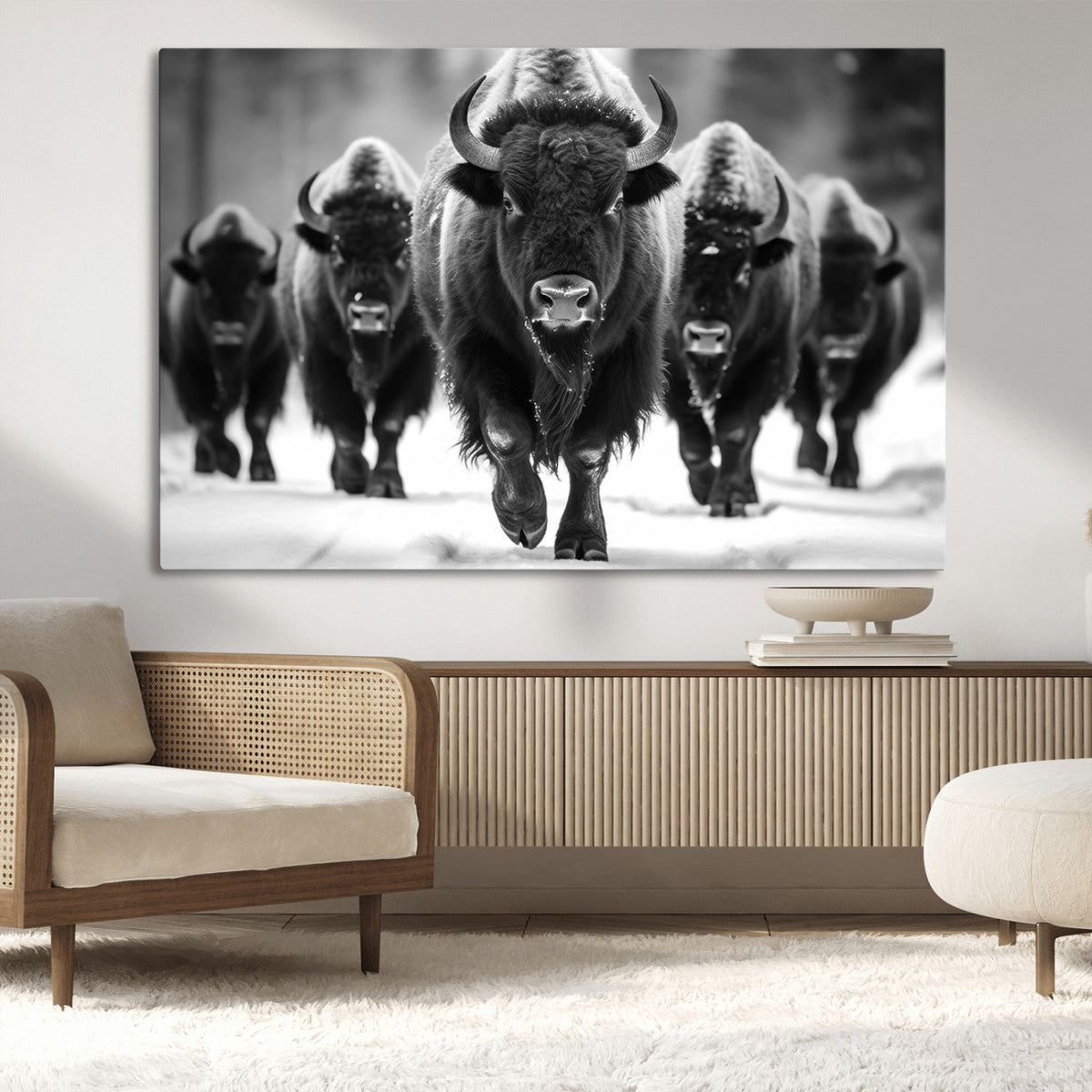 American Bison Art | Buffalo Herd Wall Art Canvas Print, BW