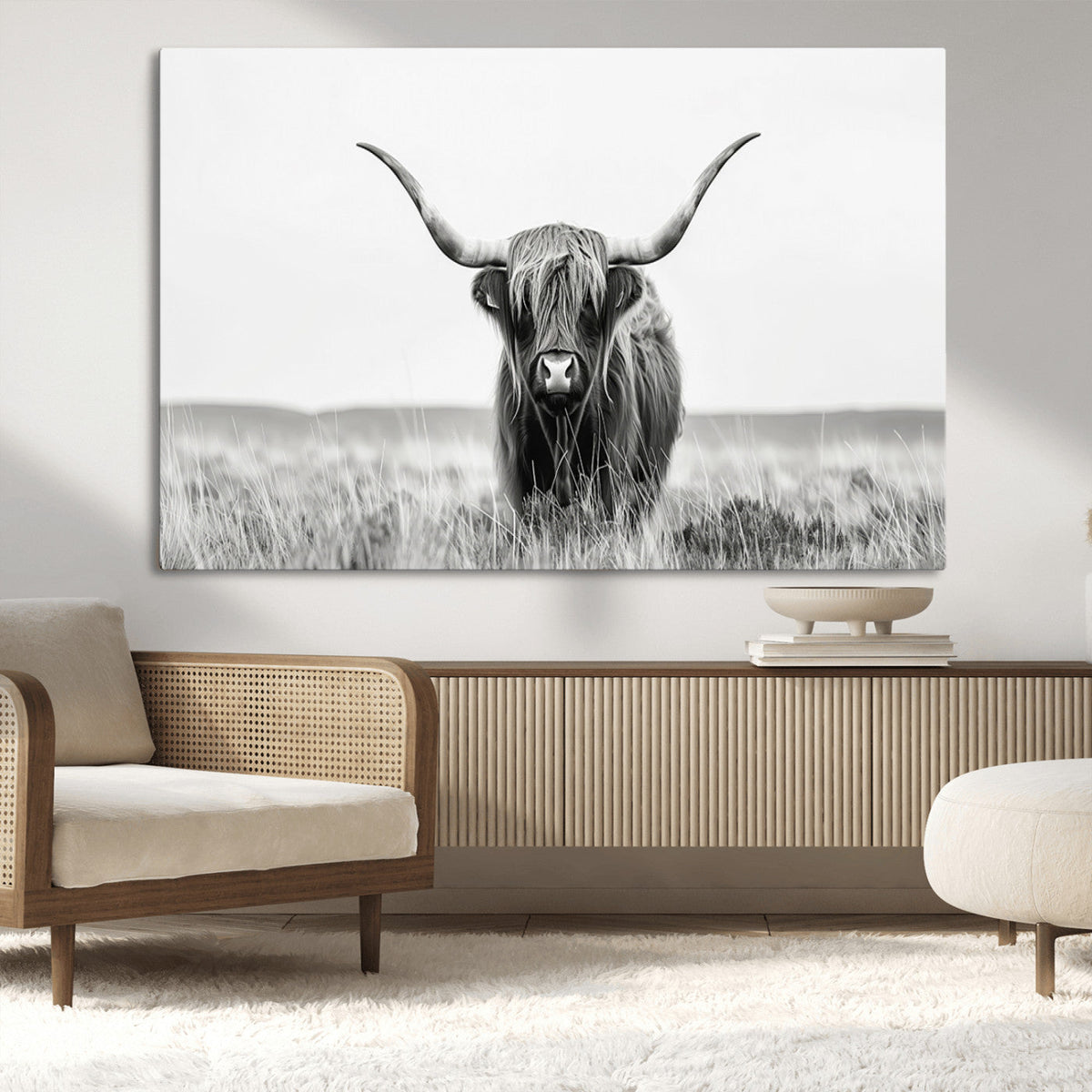 Highland Cow Canvas Wall Art – Majestic Beauty in Black and