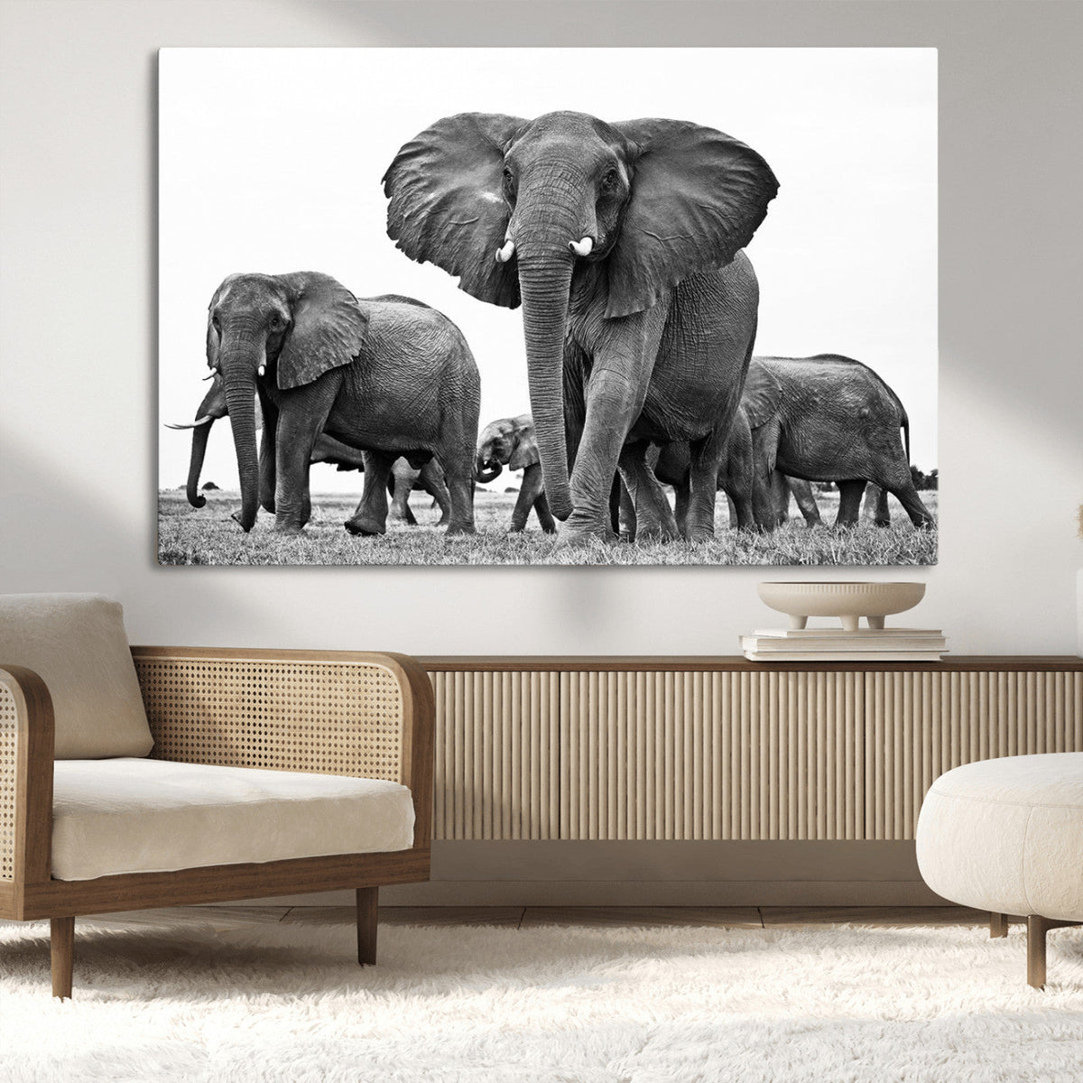 Black White Elephant Family Wall Art Canvas Print