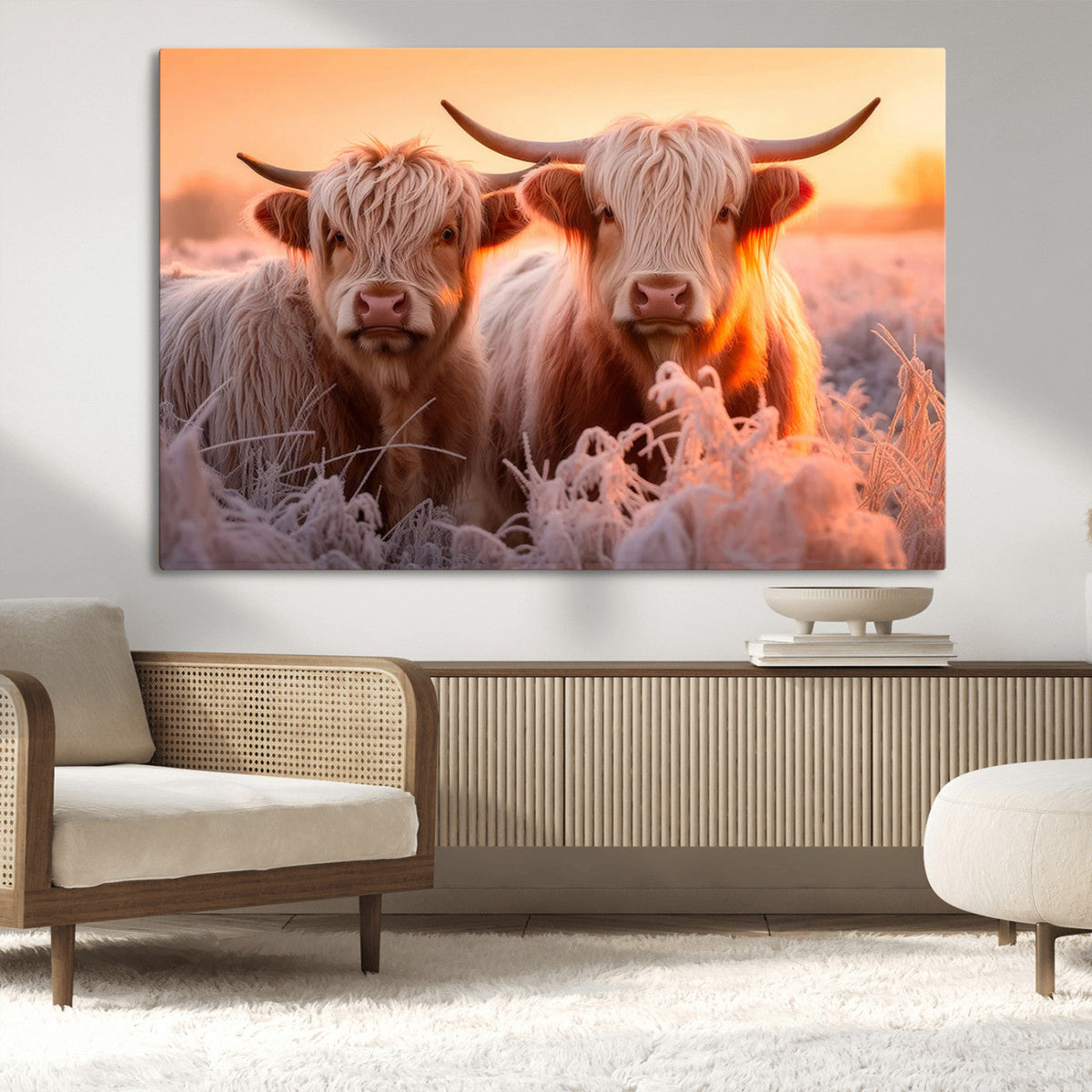 Highland Cows at Sunrise Wall Art Canvas Set – Serene and