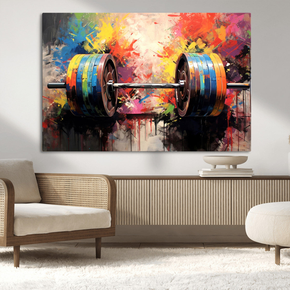 Weightlifting Barbell Art Triptych, Bold Abstract Fitness