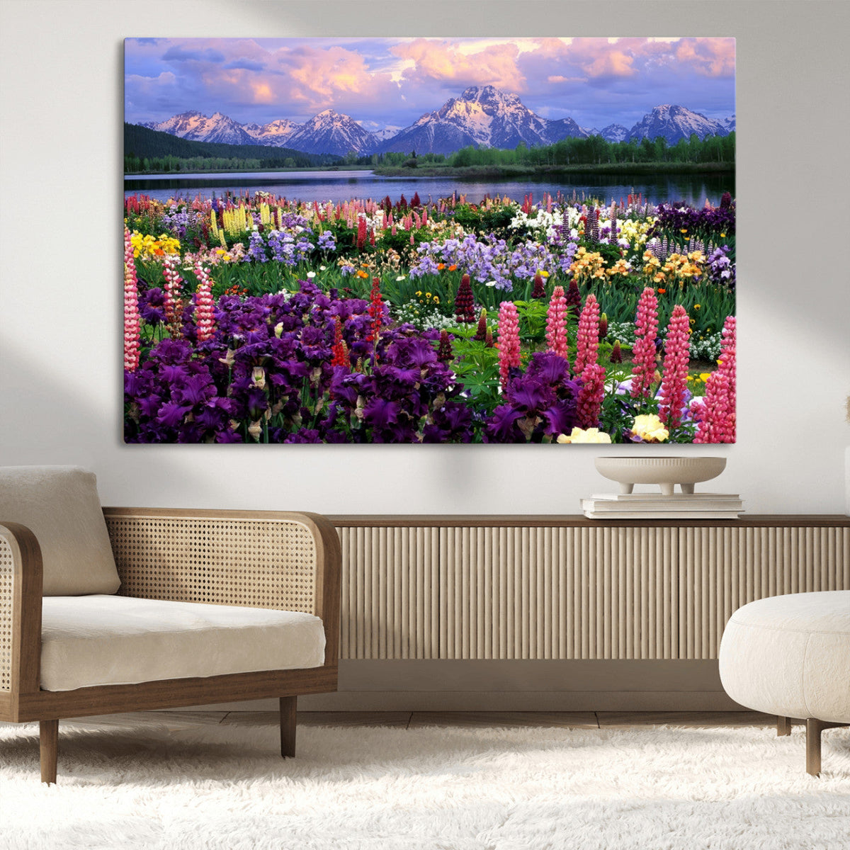 Vibrant Wildflower Garden and Mountain View Giclee Canvas