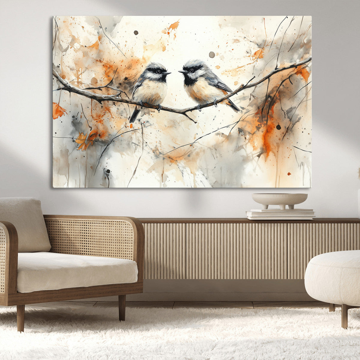 Abstract Watercolor Chickadee Bird Canvas Wall Art Print -