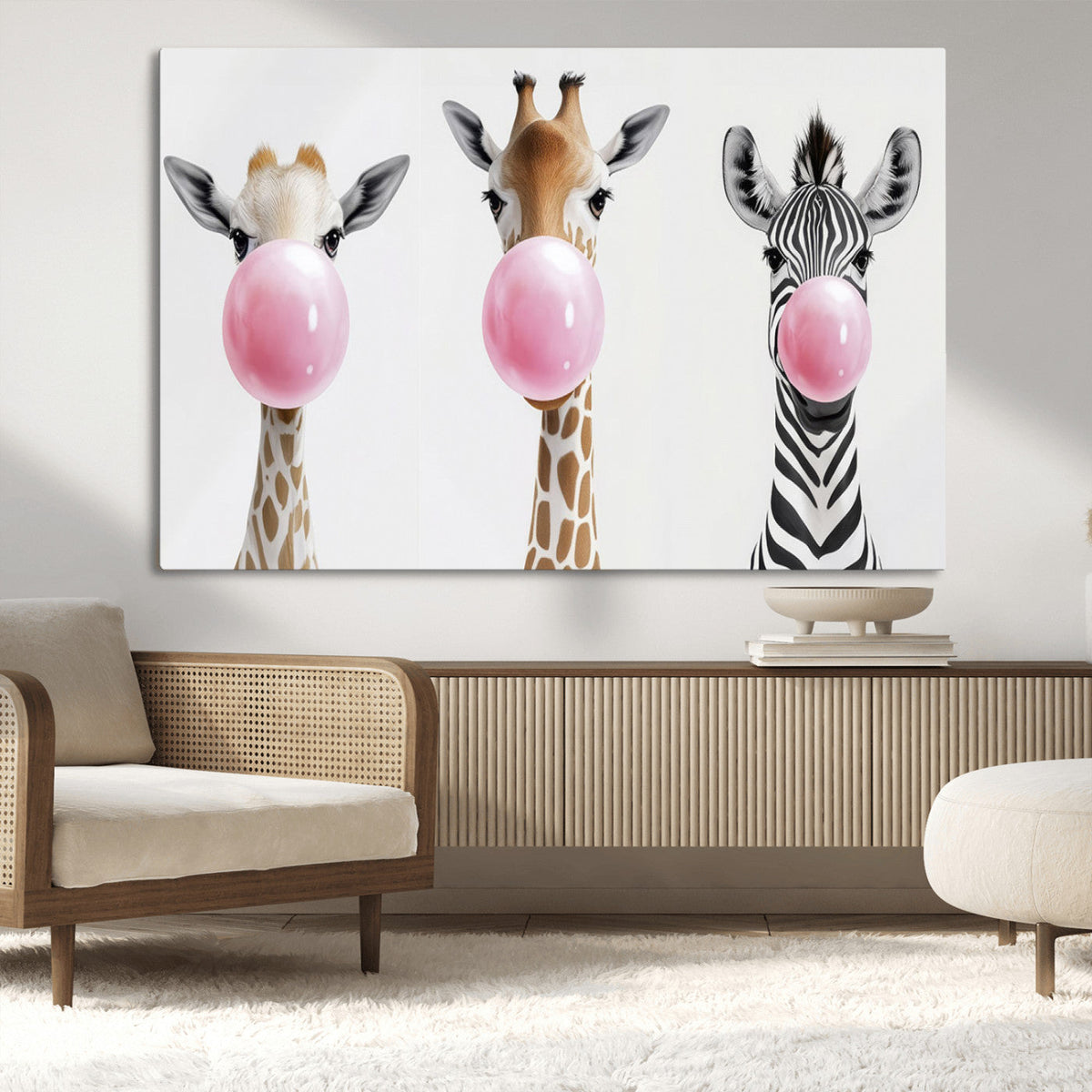 Bubblegum Animals Canvas Wall Art - Playful Giraffe and