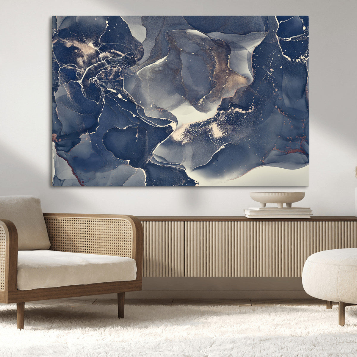 Large Abstract Blue and Gold Canvas Wall Art Fluid Ink