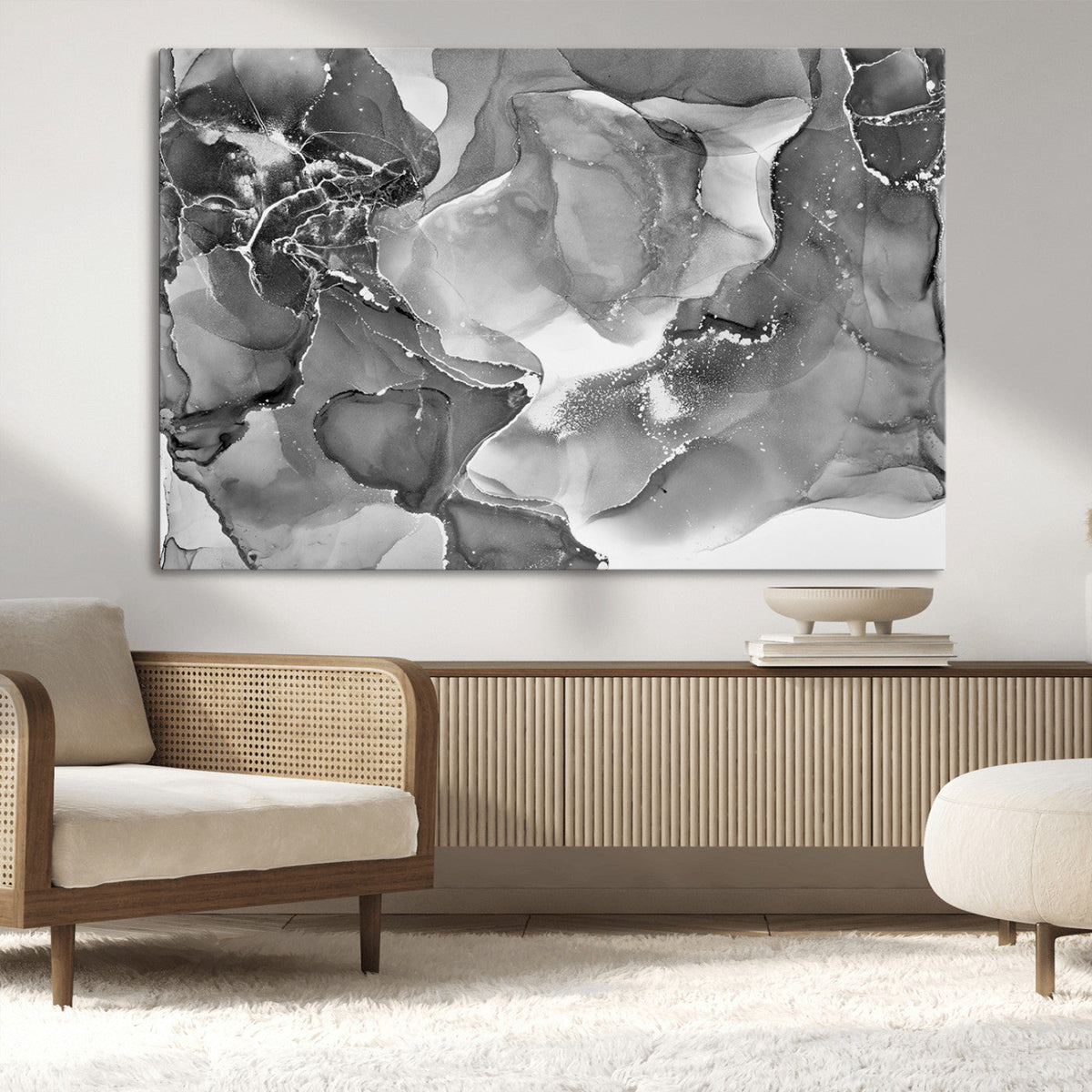 Black White Abstract Canvas Wall Art - Fluid Ink Artwork -