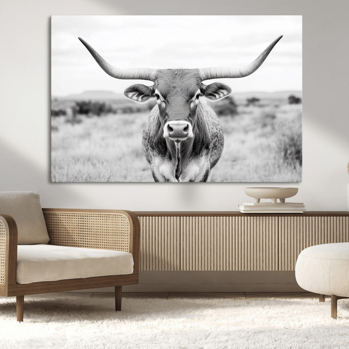 Highland Cow Wall Art Canvas Print – Black and White Western
