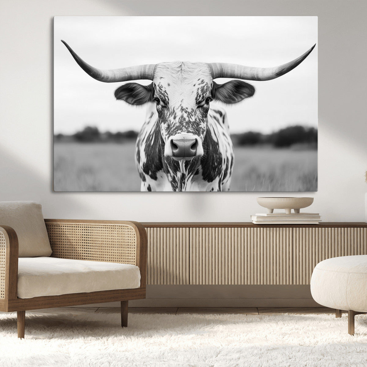 Highland Cow Wall Art Canvas Print – Black and White Western