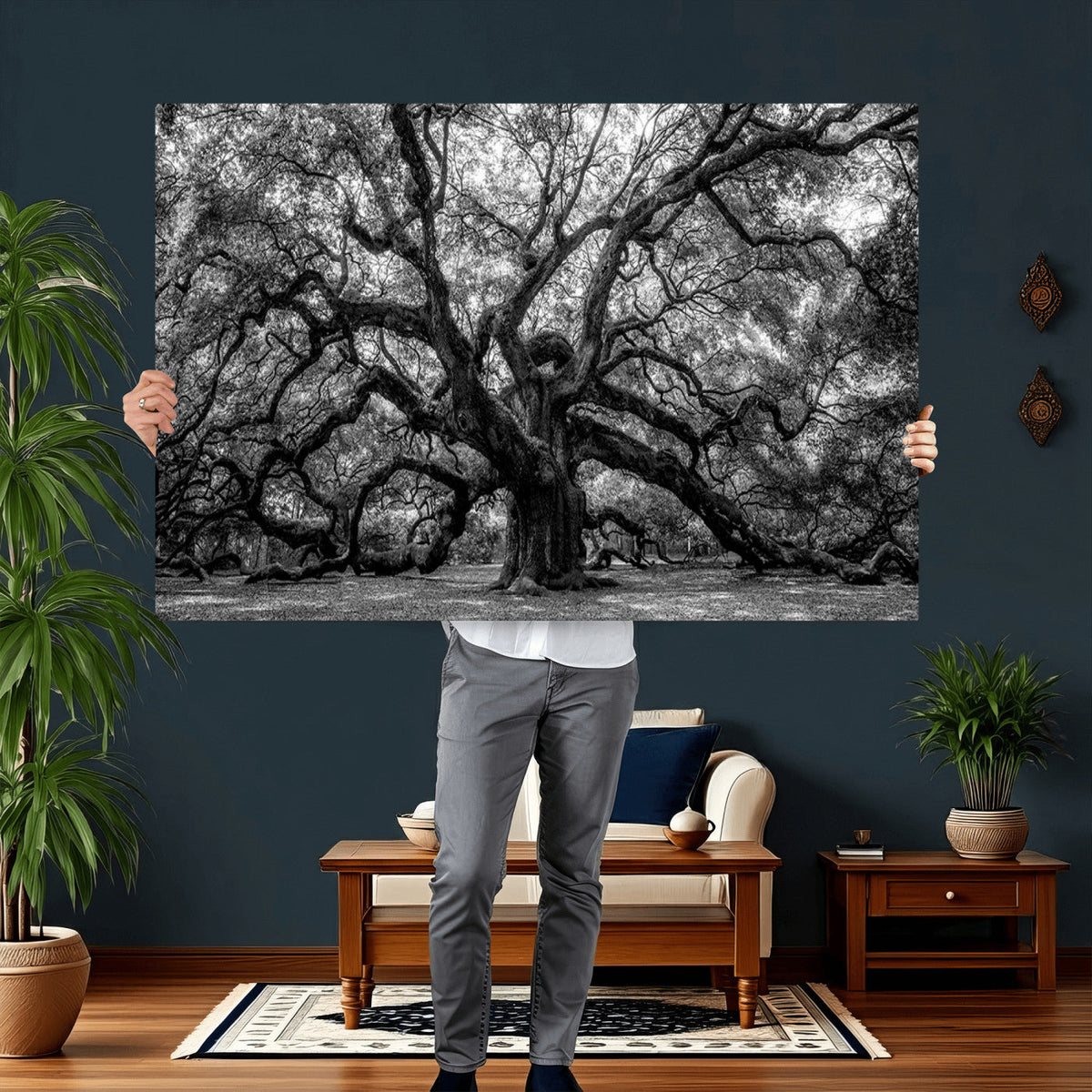 Black and White Old Angel Oak Tree Wall Art Canvas Print
