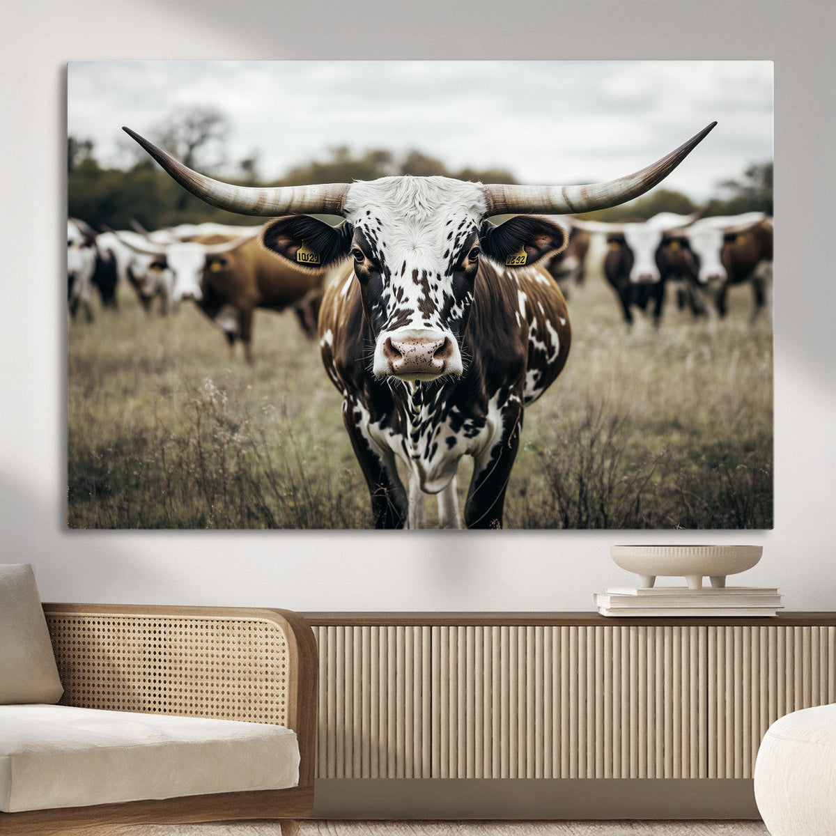 Texas Longhorn Wall Art – Framed Speckled Cow Canvas