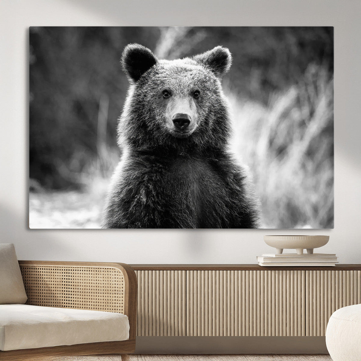 Grizzly Bear Wall Art Canvas Print – Framed Black White