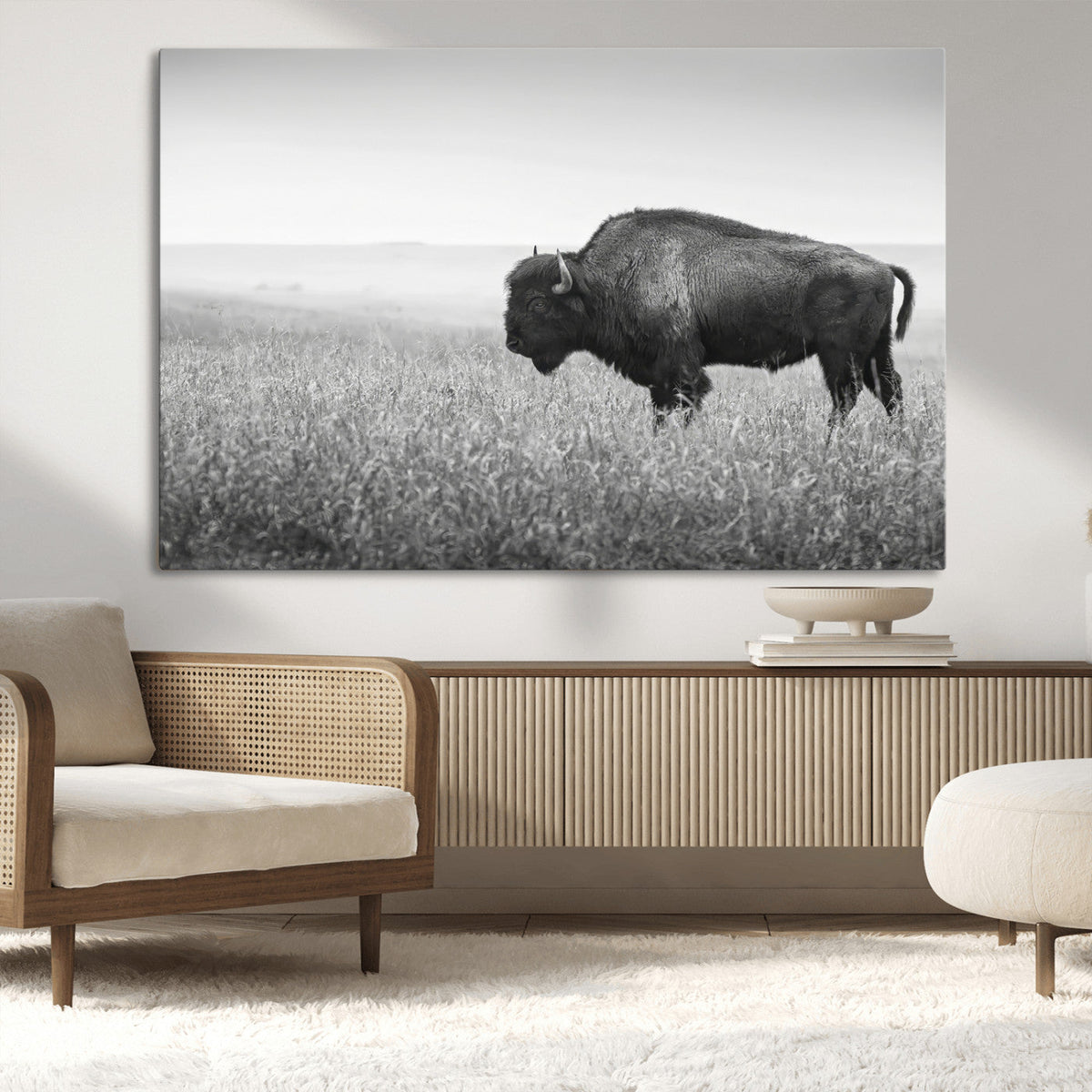 Bison in Prairie Wall Art Canvas Print – Framed Rustic